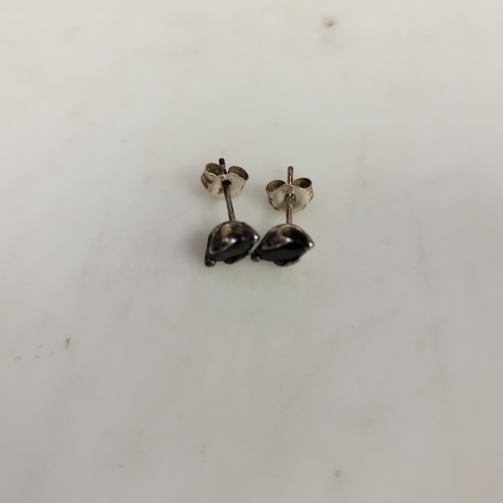 Sterling Silver Black Stone Earrings, Pierced Studs, Ovals - Picture 11 of 11